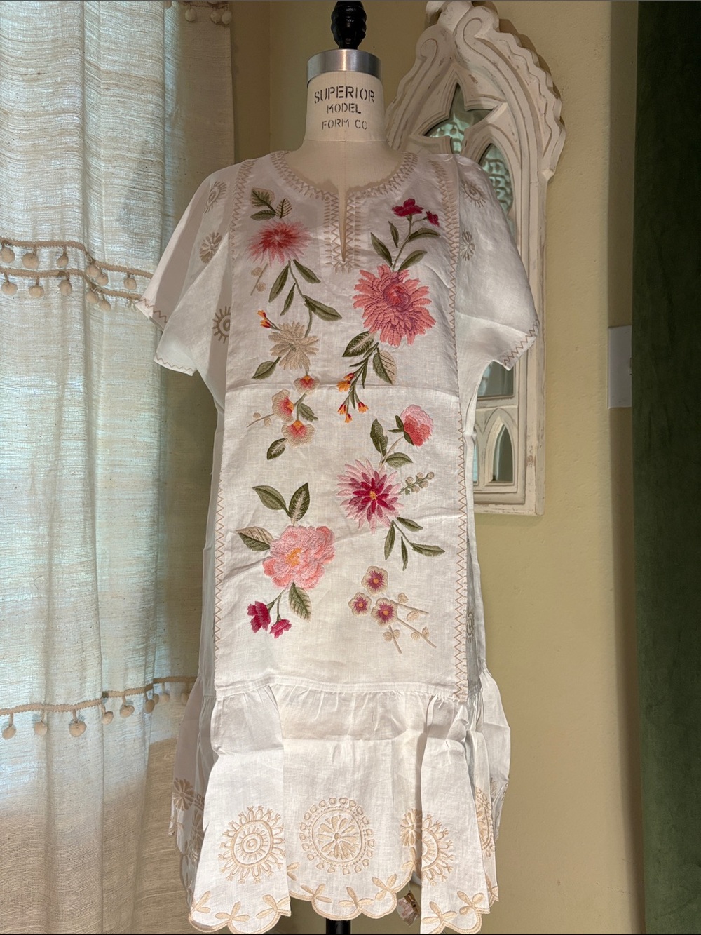 Johnny Was Cream Linen Dress with Pink & Green Floral Embroidery
